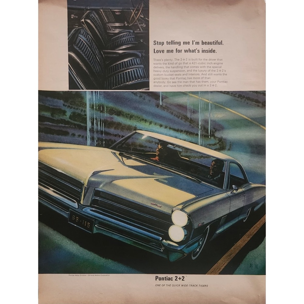 Pontiac Automobile Ad 2+2 1965 "Quick Wide-Track Tiger" MCM 10x13